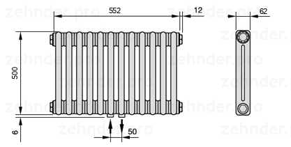 Схема (чертеж) Радиатор Zehnder Charleston 2050/12 №3470 Белый глянцевый RAL 9016